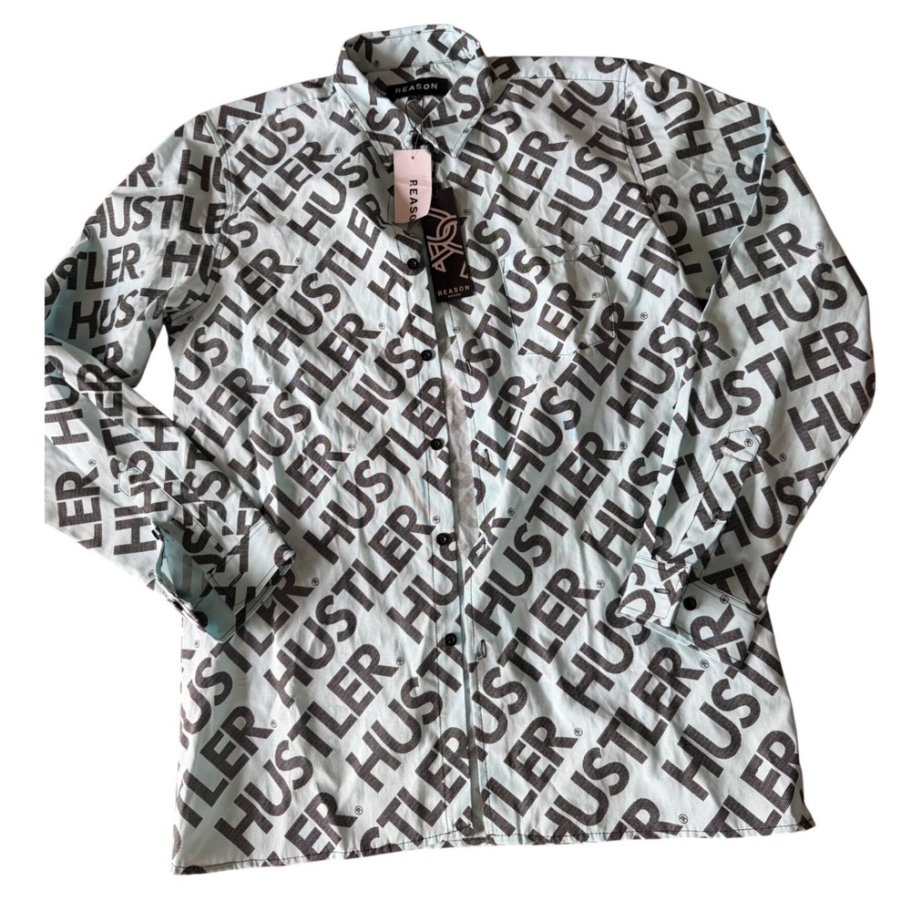 Reason Brand Mens Hustler Logo Print Button Up Shirt‎ Light Blue OX-6 Medium NWT